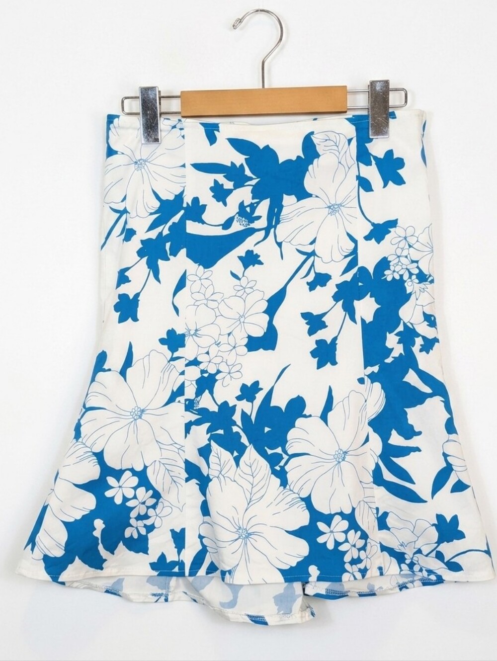 Vintage Y2K Le Chateau Floral Trumpet Skirt Cotton Stretch Blue White Ruched